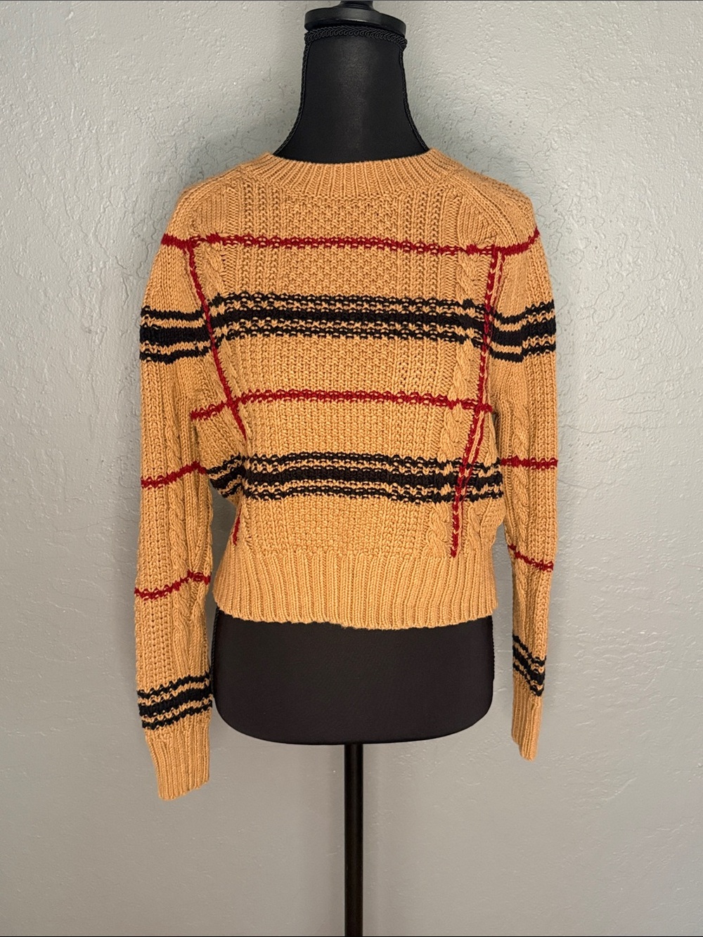 360 Sweater Tan Crewneck Sweater with Black and Red Stripes